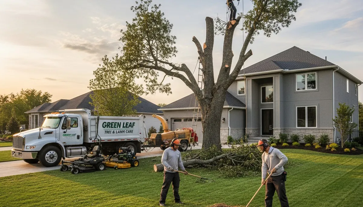 Professional lawn care and tree removal team working in Fort Worth, TX yard