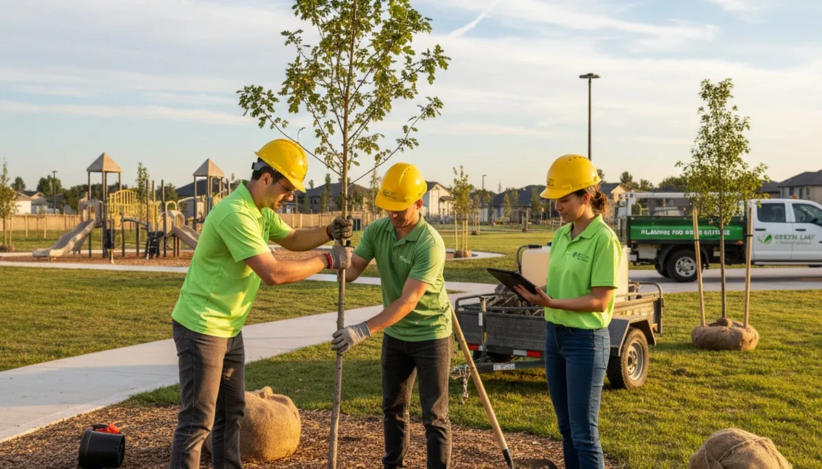 Arborist planting native tree in Fort Worth TX yard for professional tree service establishment