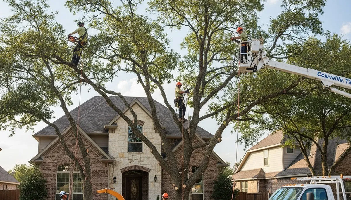 Professional tree removal service in Fort Worth TX safely cutting and hauling large oak tree