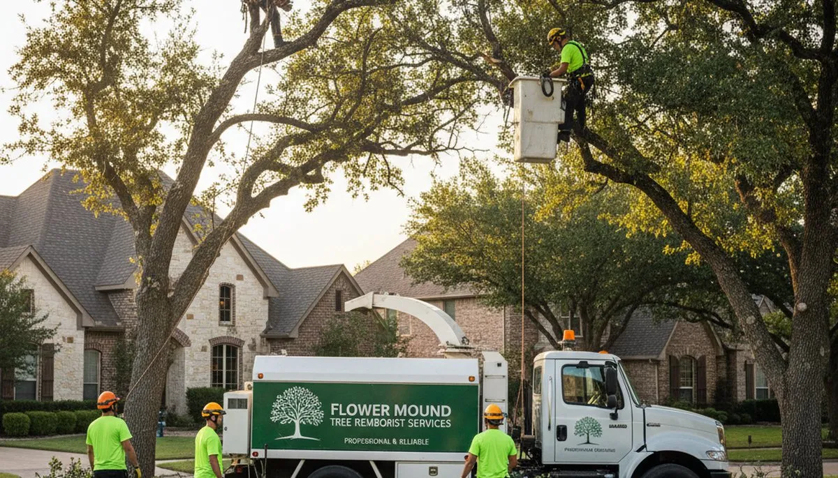 Professional tree removal service crew in Fort Worth TX clearing large oak branches safely