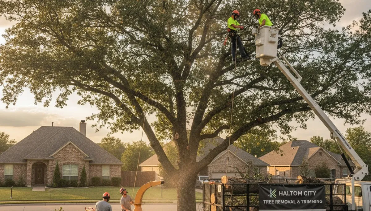 Professional tree removal service in Fort Worth TX safely clearing large oak near residential property